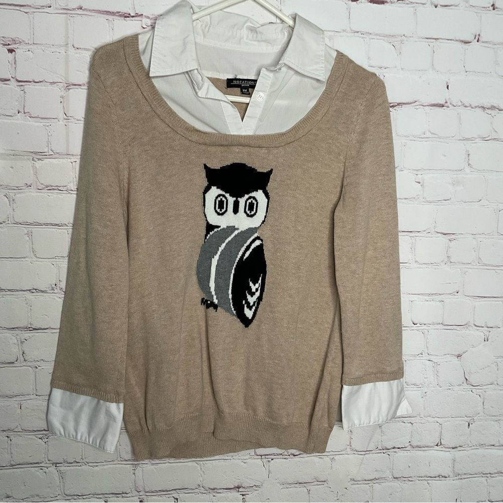 Notations Womens Sweater Faux Collar‎ Cuff Knit Owl Print Top